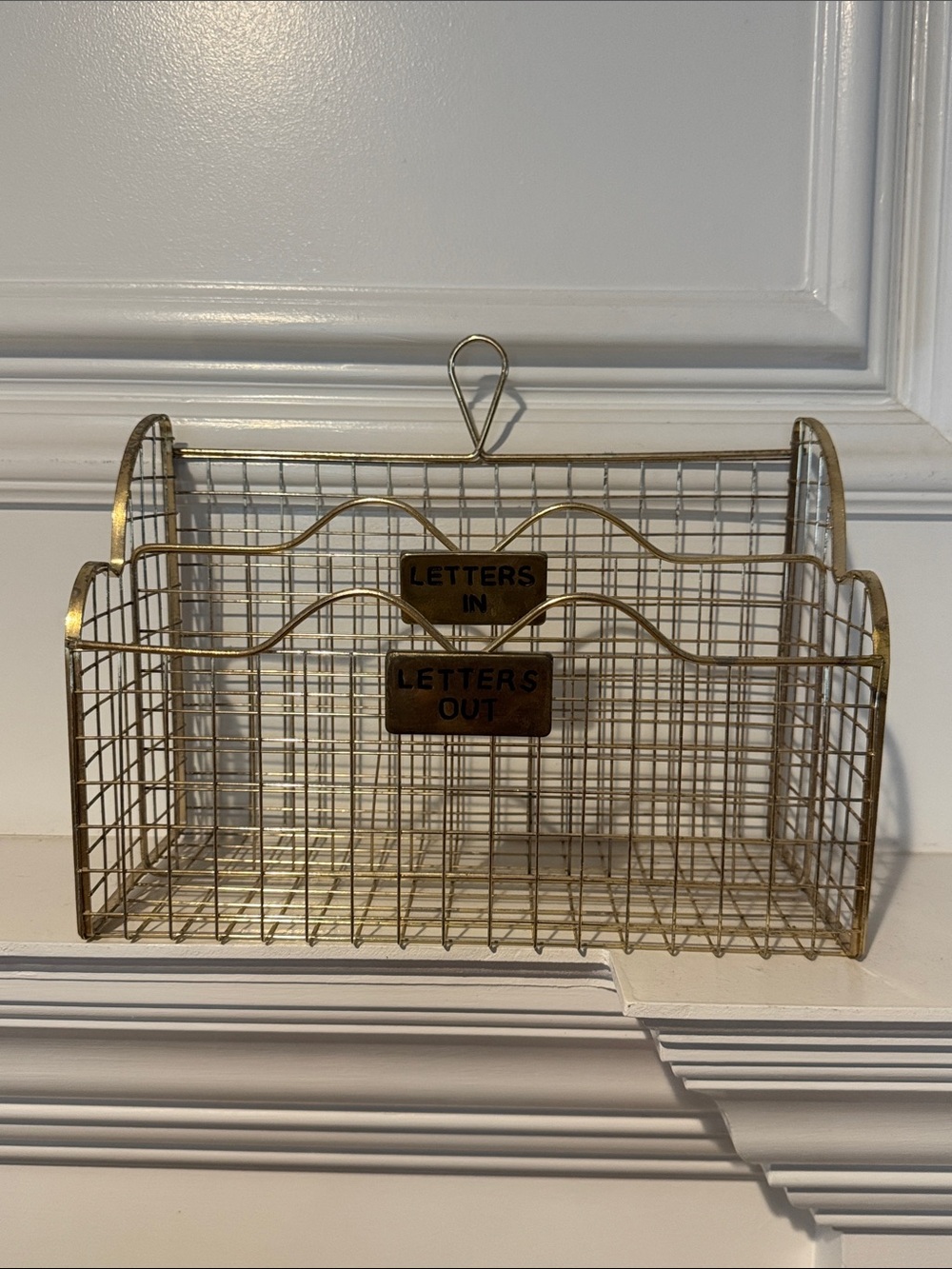 Vintage gold tone metal wire letters in/out mail organizer/holder